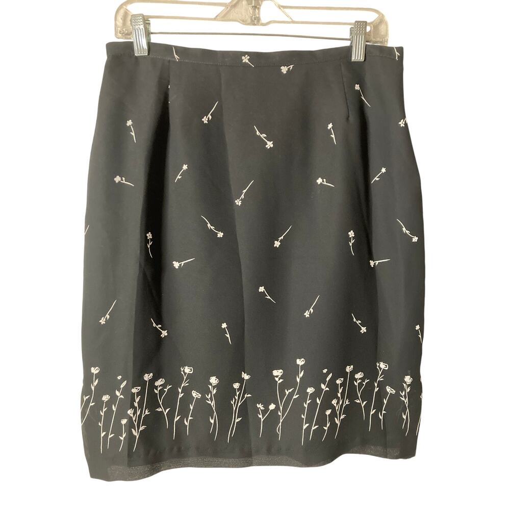 Principles Petite 14 Black Floral Skirt White Print Knee Length Office Work